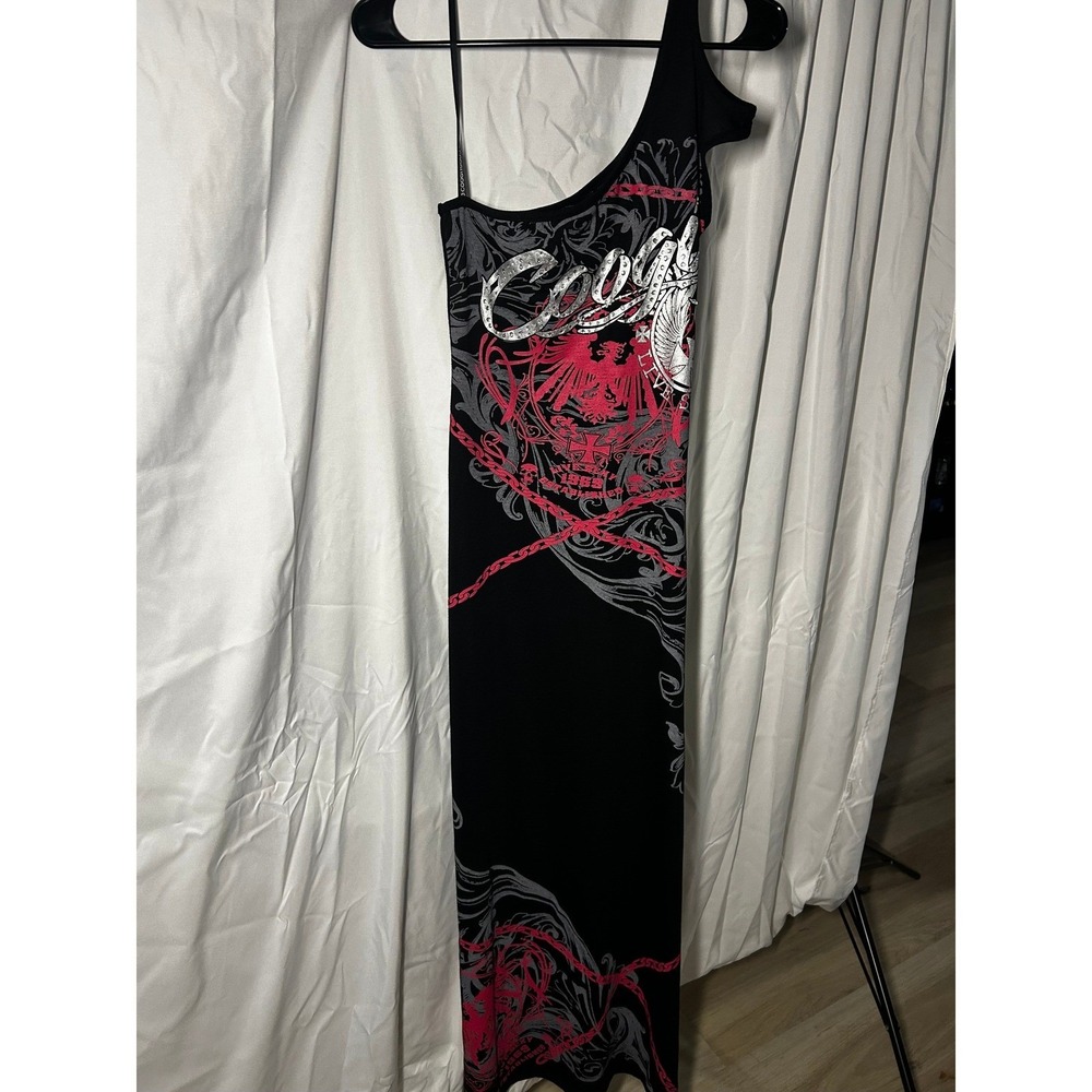 Coogi Womens One Shoulder Maxi Dress Black Pink Graphic Rhinestone Y2K M - Picture 4 of 10